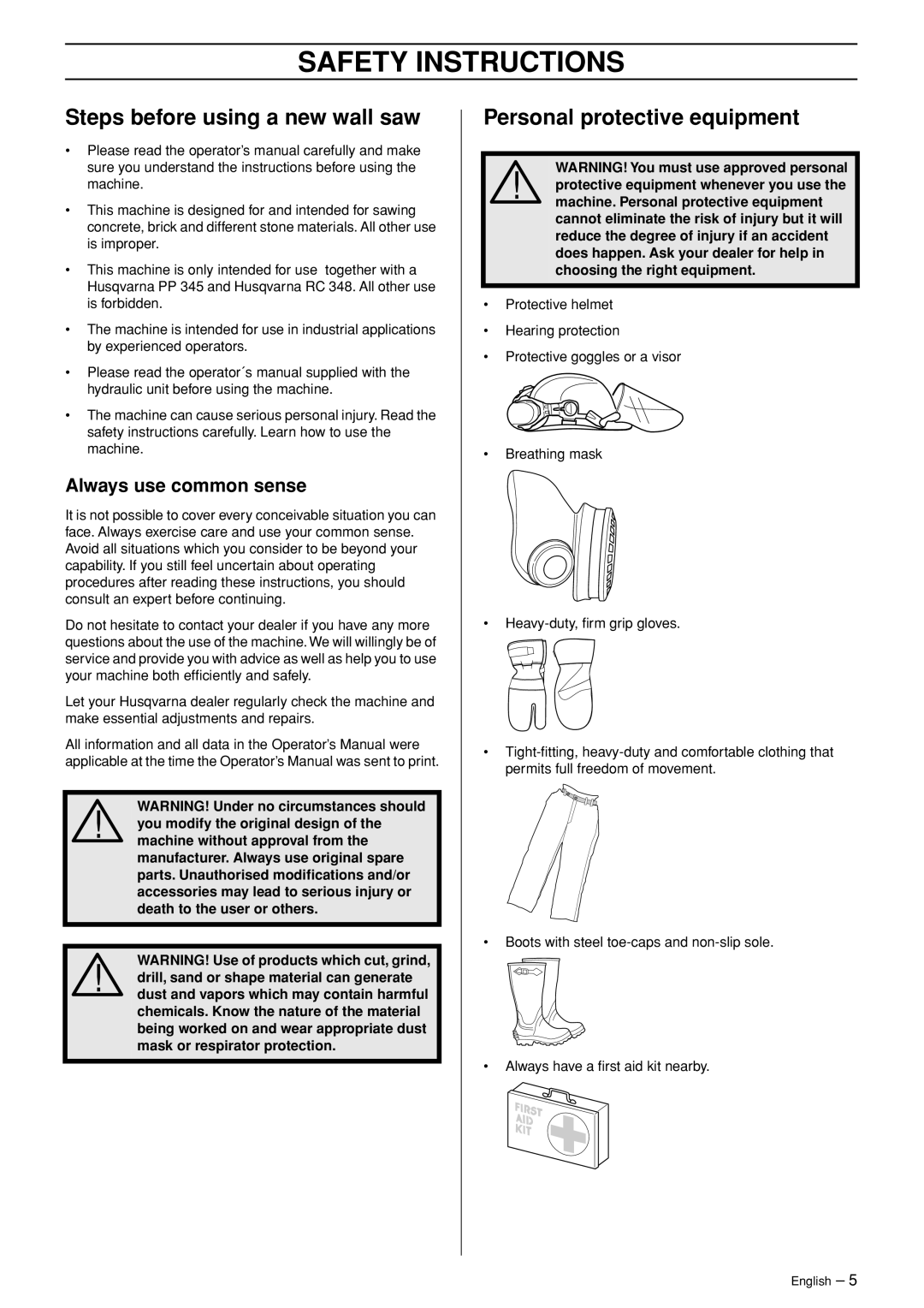 Husqvarna WS 462 manuel dutilisation Safety Instructions, Steps before using a new wall saw, Personal protective equipment 