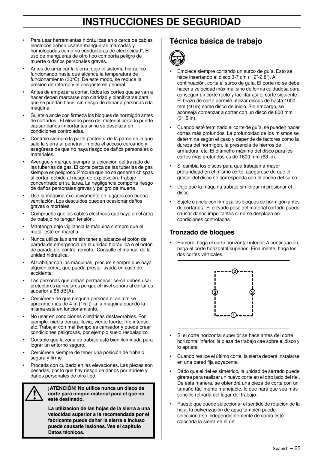 Husqvarna WS 465 manuel dutilisation Técnica básica de trabajo, Tronzado de bloques 