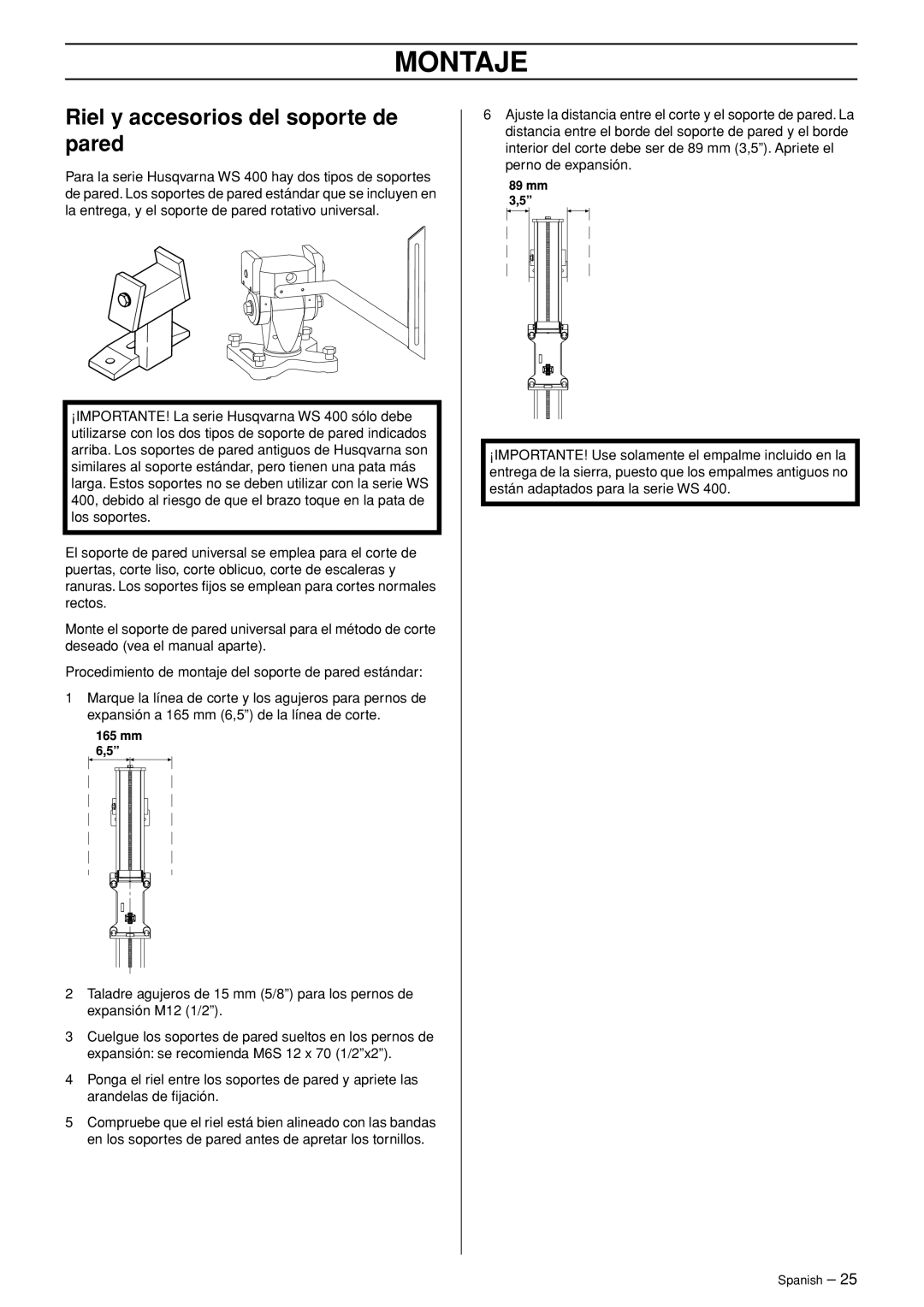 Husqvarna WS 465 manuel dutilisation Montaje, Riel y accesorios del soporte de pared 