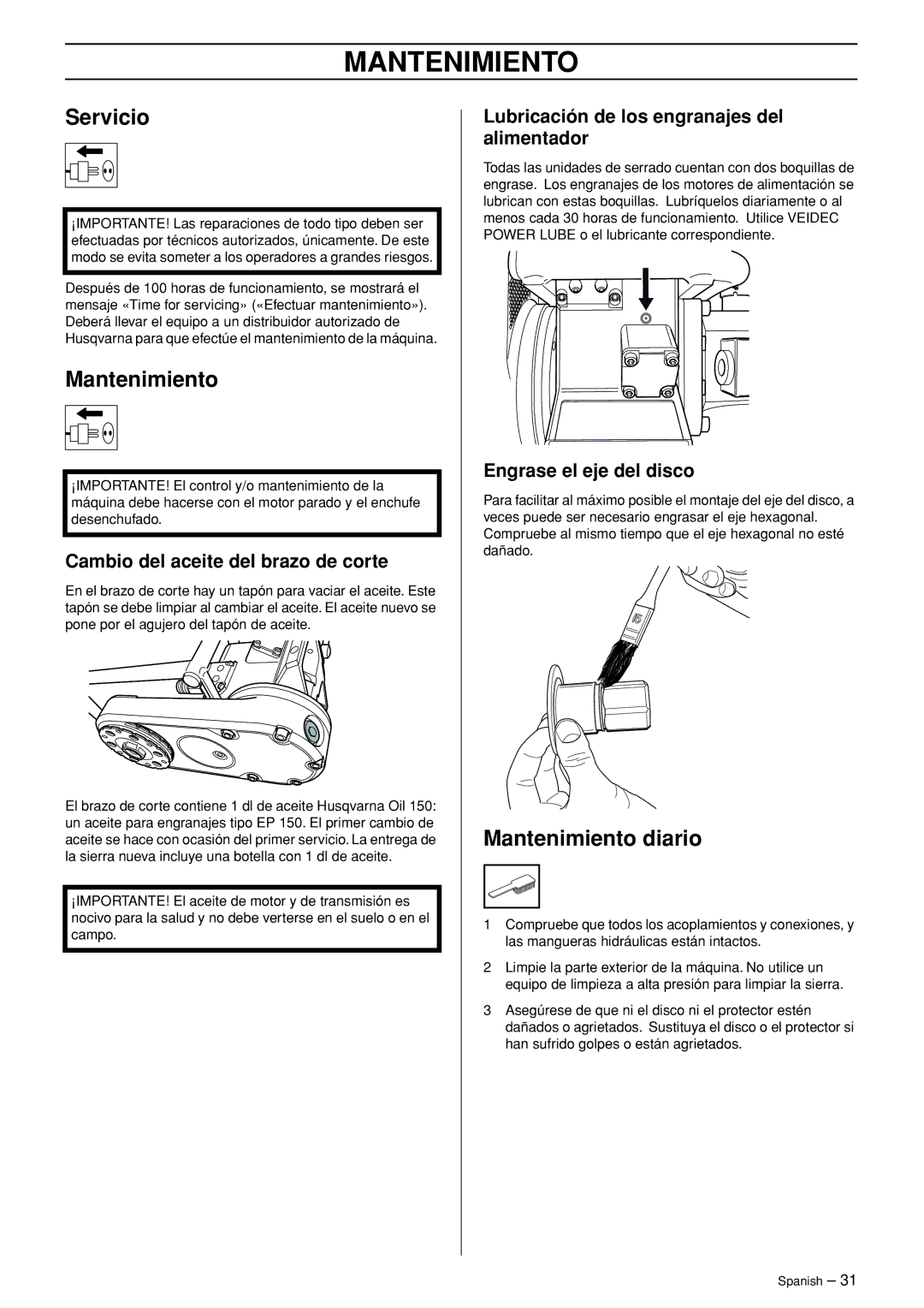 Husqvarna WS 465 manuel dutilisation Servicio, Mantenimiento diario 