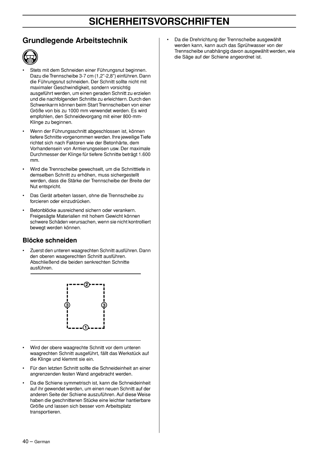 Husqvarna WS 465 manuel dutilisation Grundlegende Arbeitstechnik, Blöcke schneiden 