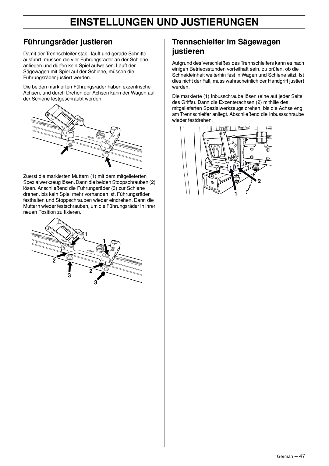 Husqvarna WS 465 Einstellungen UND Justierungen, Führungsräder justieren, Trennschleifer im Sägewagen justieren 