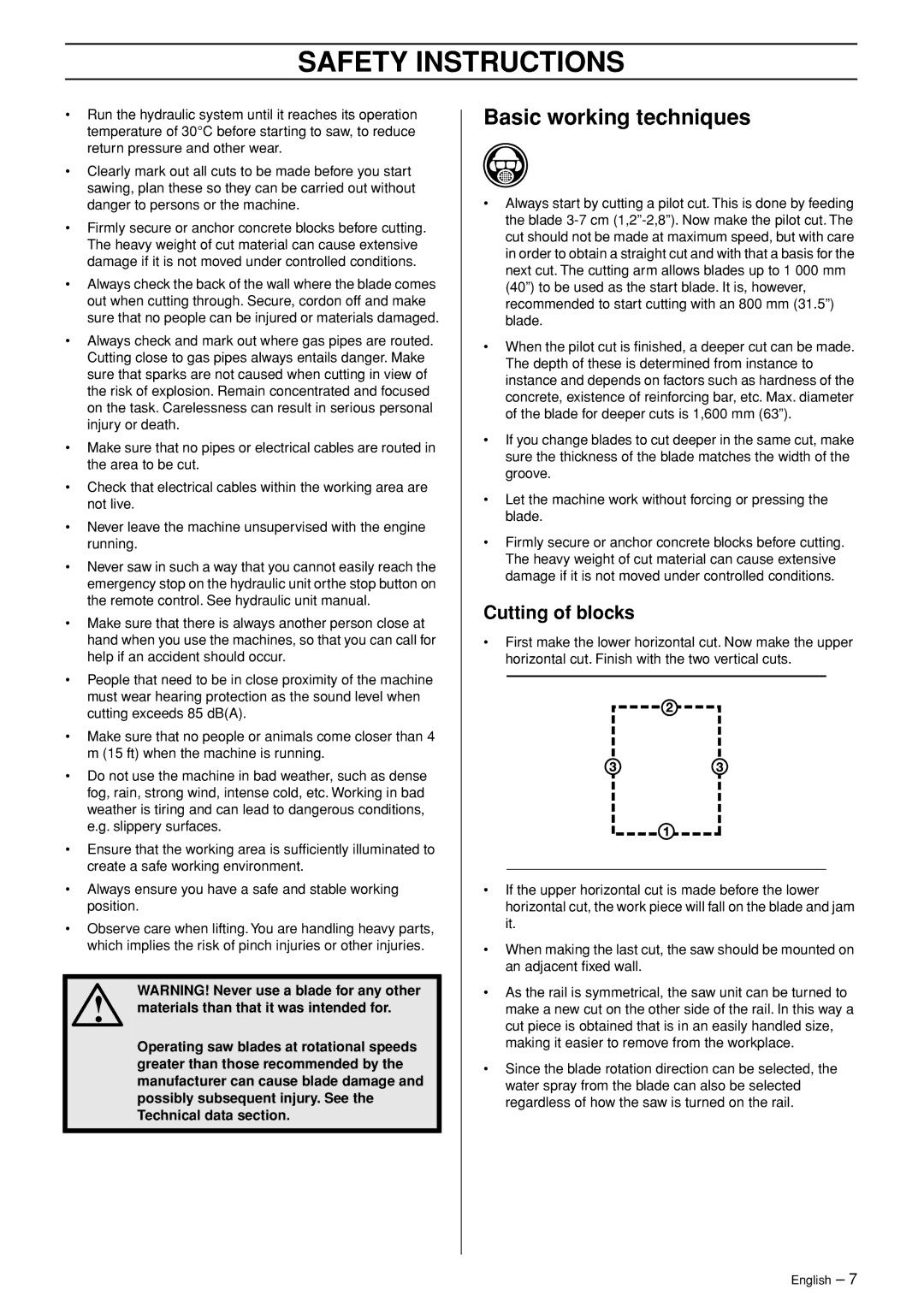 Husqvarna WS 465 manuel dutilisation Basic working techniques, Cutting of blocks 