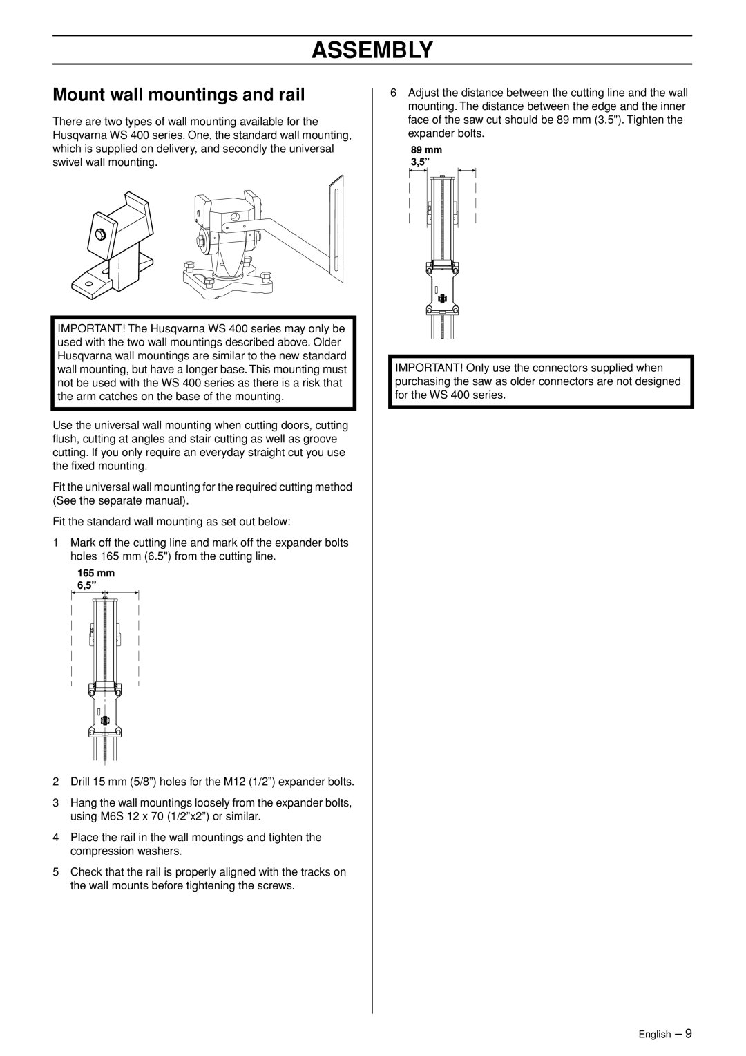 Husqvarna WS 465 manuel dutilisation Assembly, Mount wall mountings and rail 