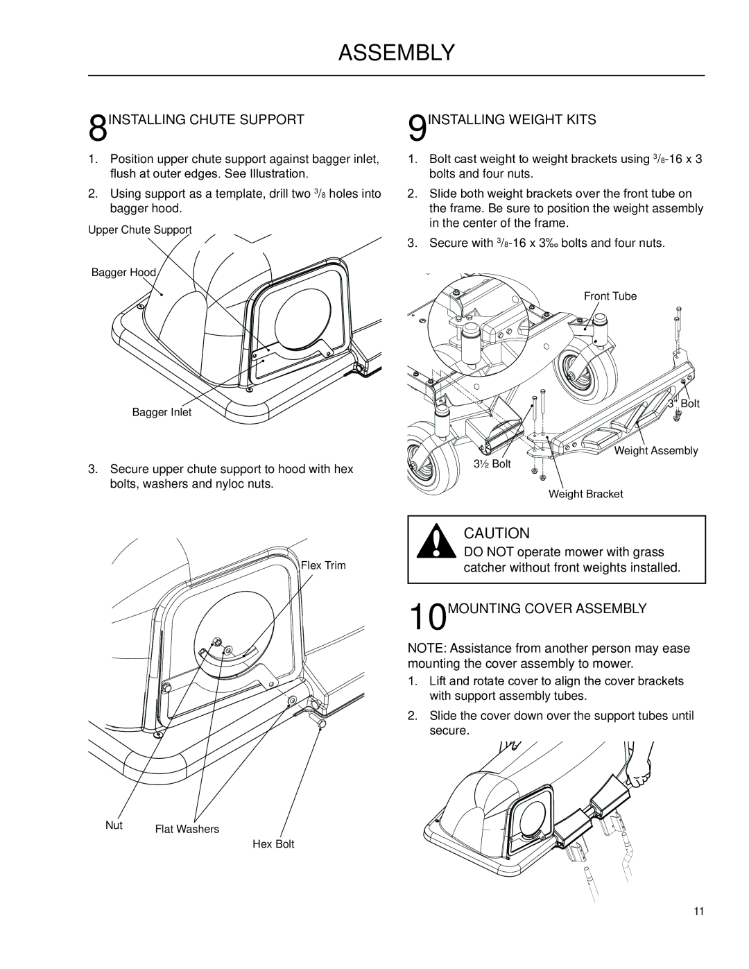 Husqvarna XOUS2009, 2345 XLS manual 8INSTALLING Chute Support 9INSTALLING Weight Kits, 10MOUNTING Cover Assembly 