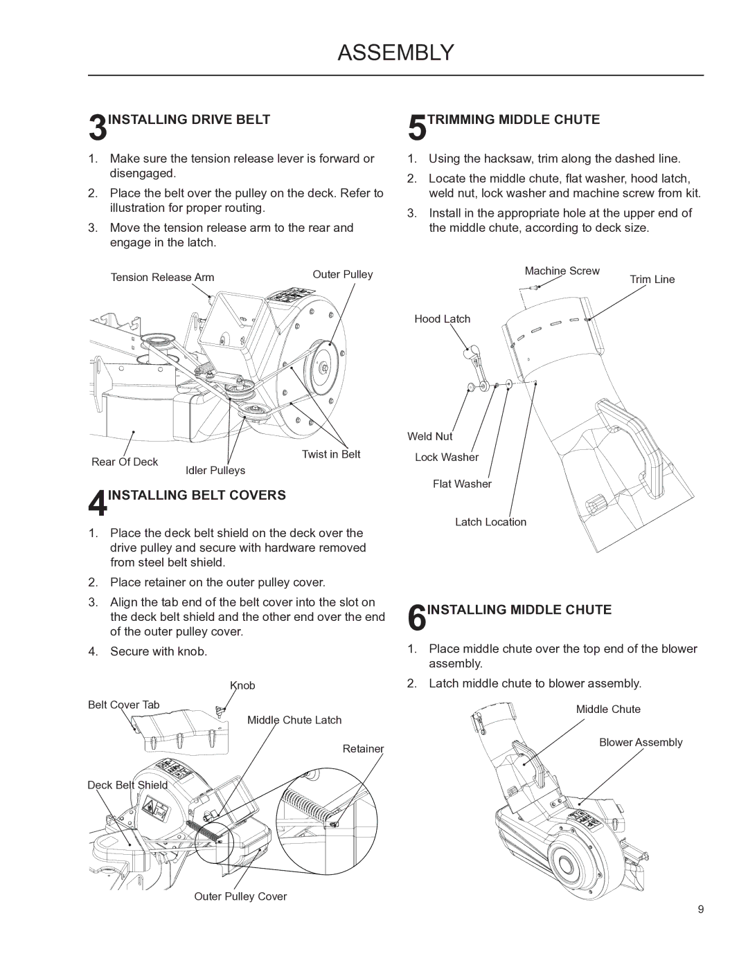 Husqvarna XOUS2009 manual 3INSTALLING Drive Belt, 5TRIMMING Middle Chute, 4INSTALLING Belt Covers, 6INSTALLING Middle Chute 