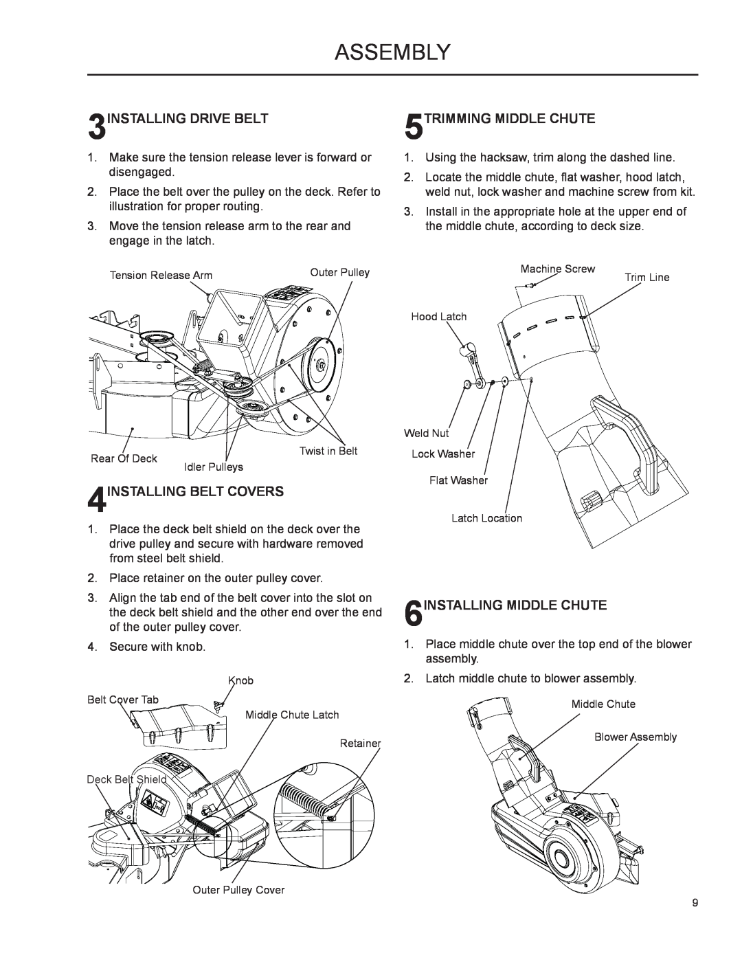 Husqvarna XOUS2009 manual 3INSTALLING DRIVE BELT, 5TRIMMING MIDDLE CHUTE, 4INSTALLING BELT COVERS, 6INSTALLING MIDDLE CHUTE 