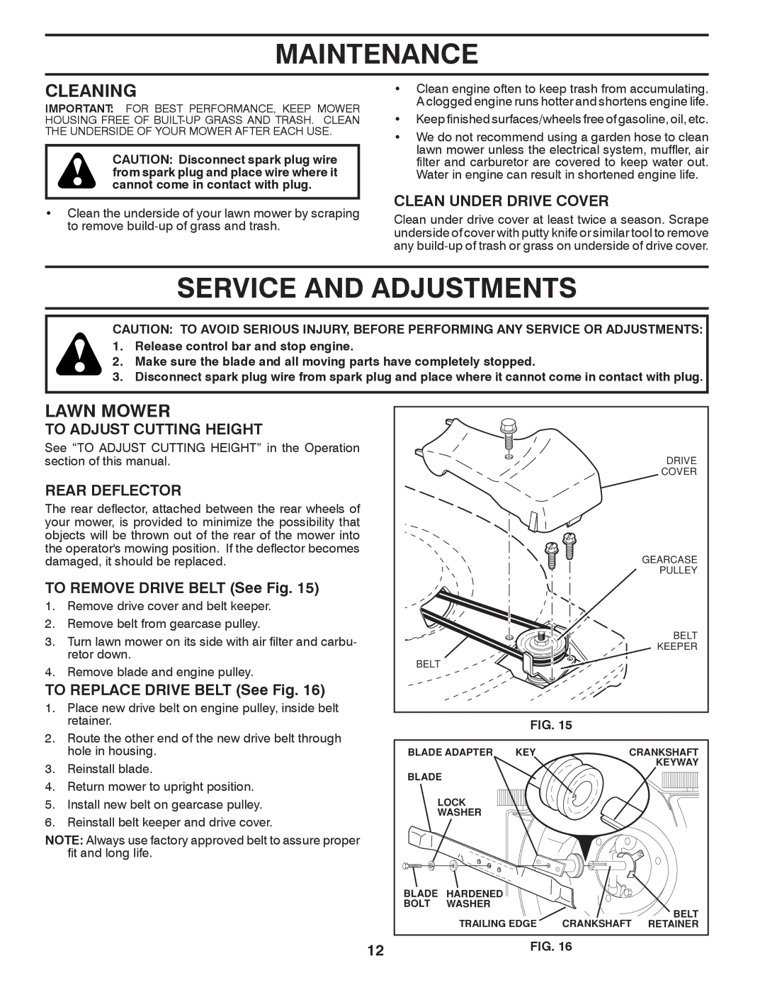 Husqvarna XT722FE Service and Adjustments, Cleaning, Clean Under Drive Cover, To Adjust Cutting Height, Rear Deflector 