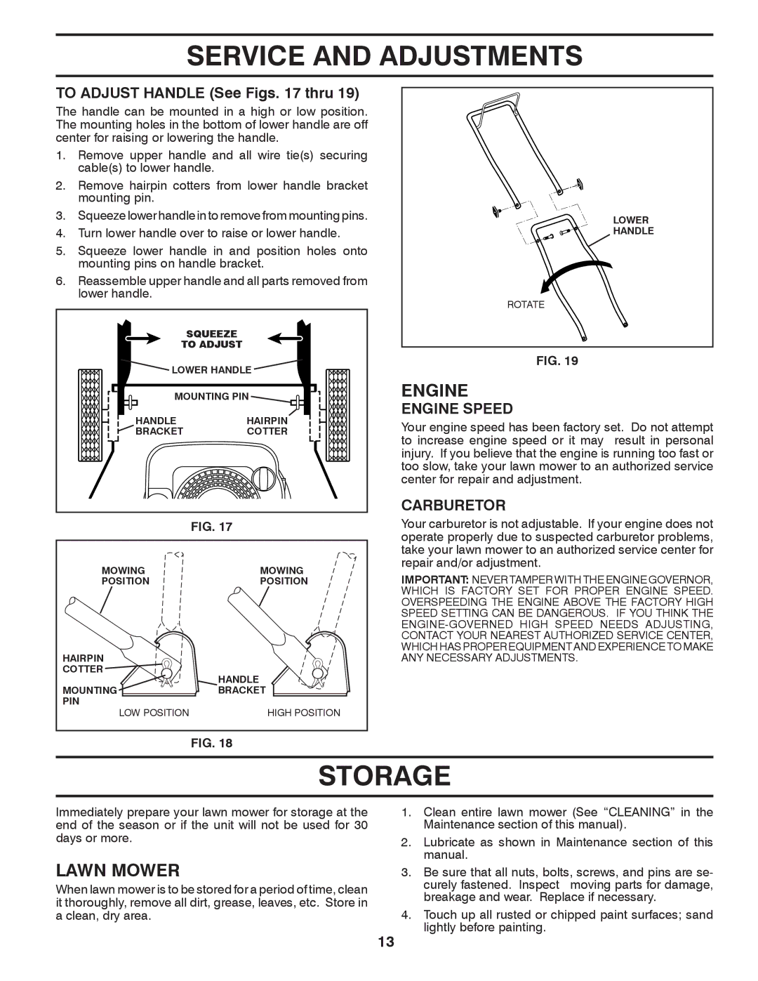 Husqvarna XT722FE manual Storage, To Adjust Handle See Figs thru, Carburetor 