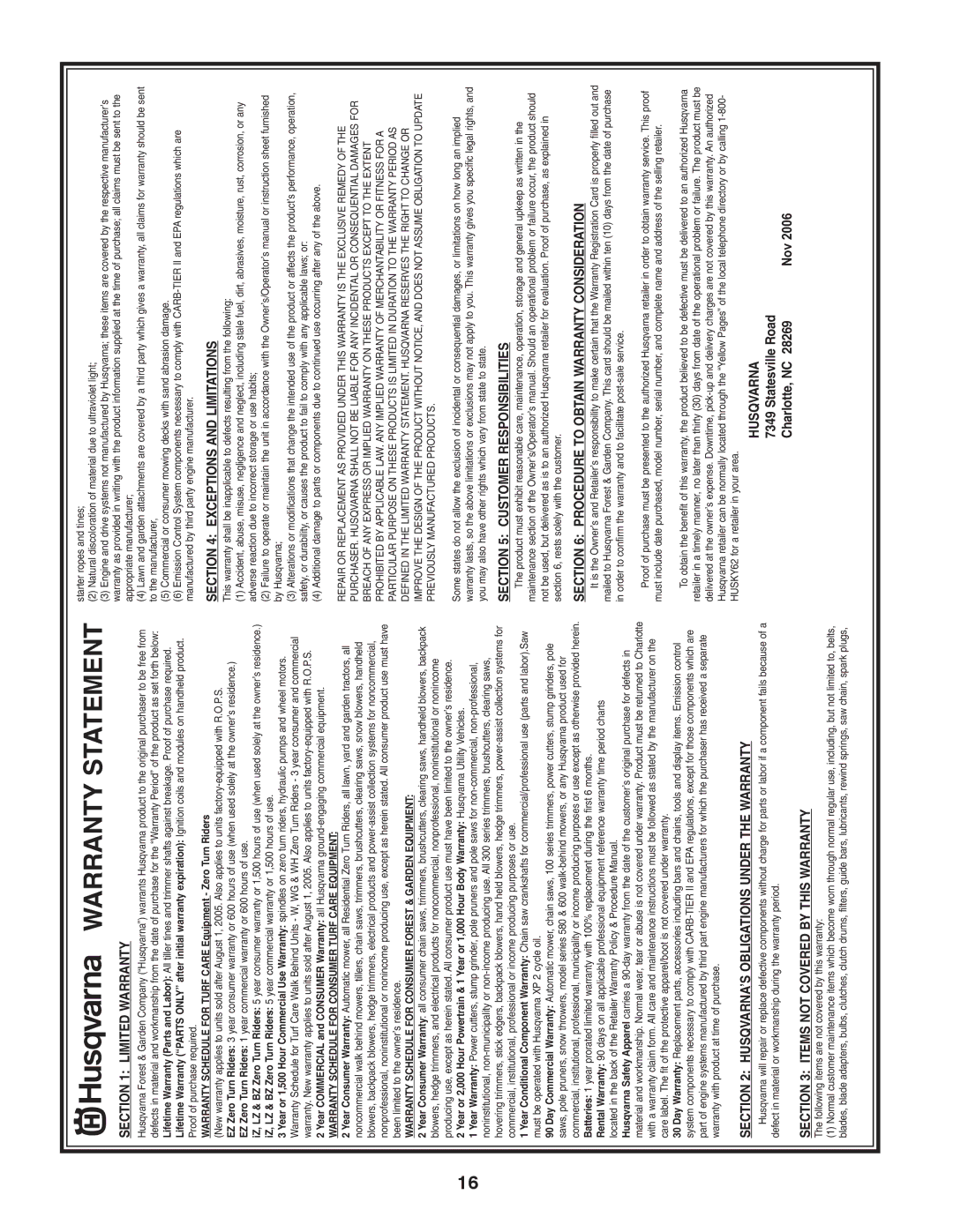 Husqvarna XT722FE manual Warranty Statement 