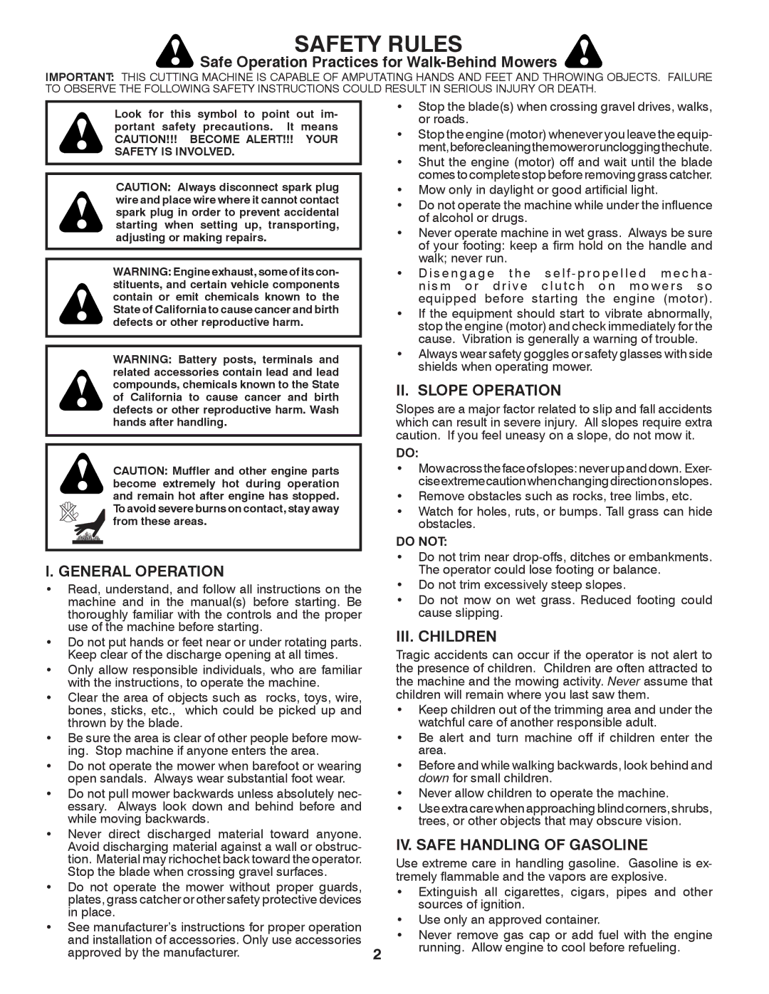 Husqvarna XT722FE Safe Operation Practices for Walk-Behind Mowers, II. Slope Operation, General Operation, III. Children 