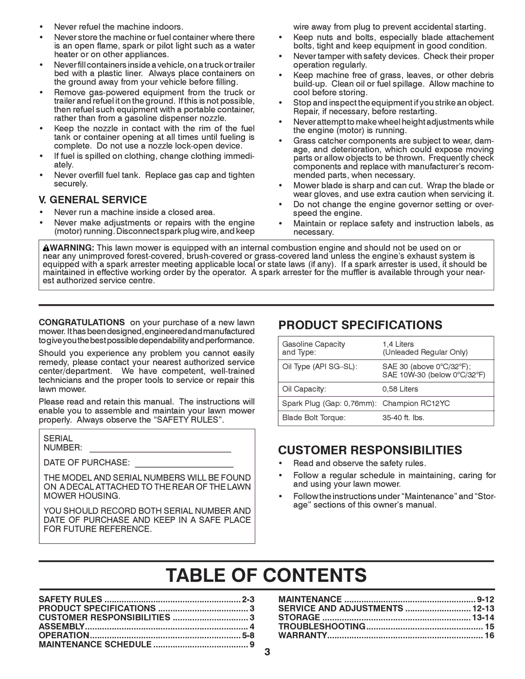 Husqvarna XT722FE manual Table of Contents 