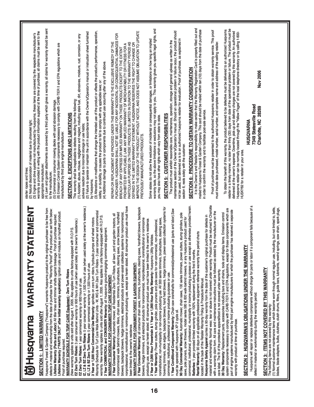 Husqvarna XT722FE Warranty Statement, Limited Warranty, Husqvarna’S Obligations Under The Warranty, Statesville Road 