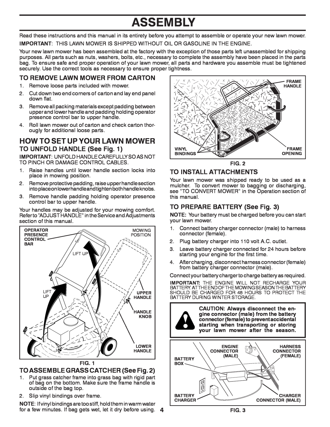 Husqvarna XT722FE owner manual Assembly, To Remove Lawn Mower From Carton, TO UNFOLD HANDLE See Fig, To Install Attachments 