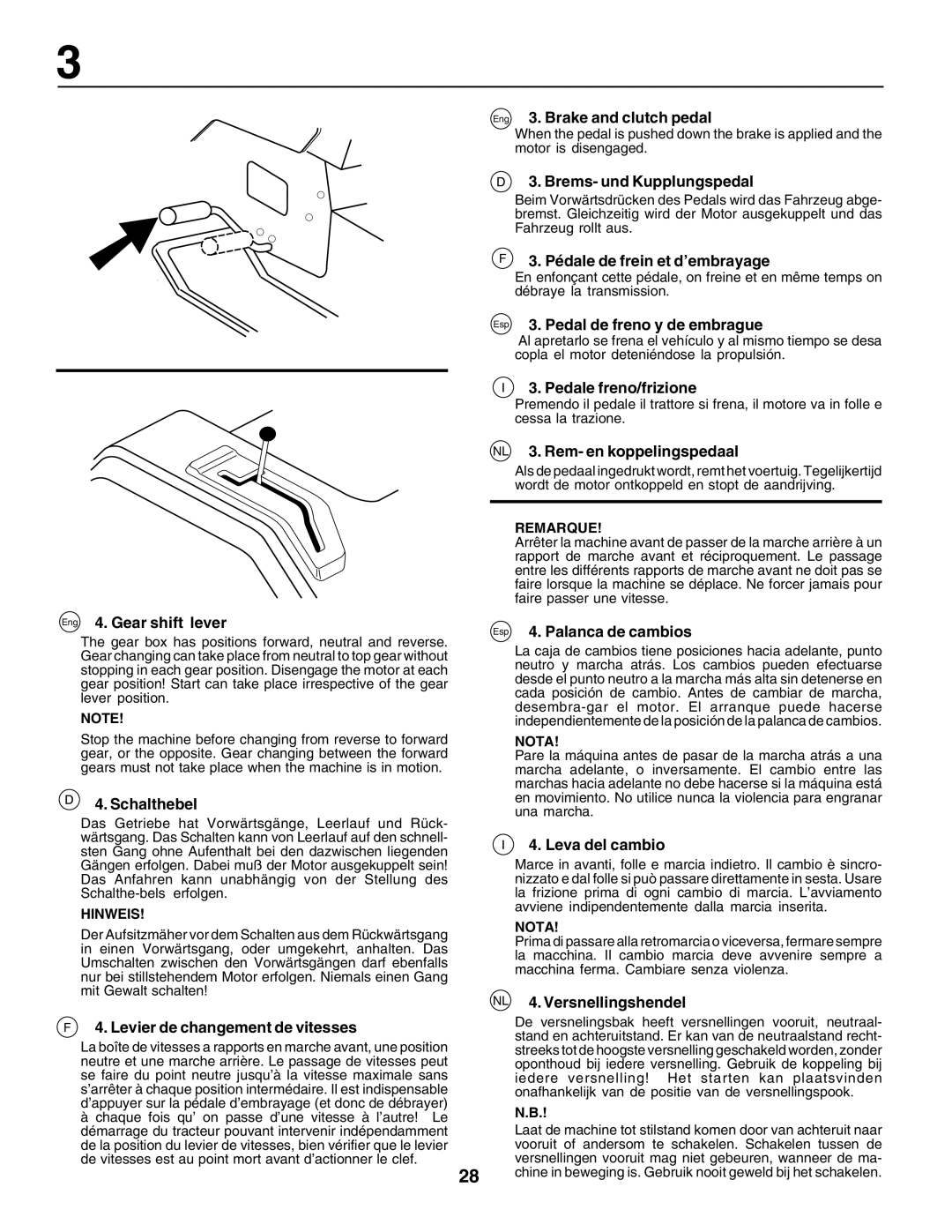 Husqvarna YT155 Eng 3. Brake and clutch pedal, Brems- und Kupplungspedal, Pédale de frein et d’embrayage, Schalthebel 