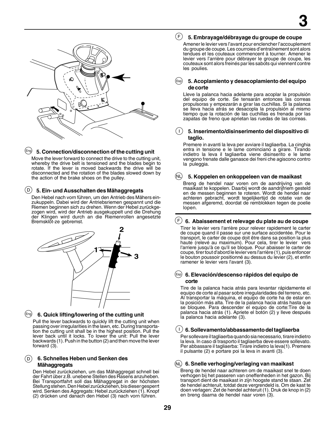 Husqvarna YT155 Eng 5. Connection/disconnection of the cutting unit, Ein- und Ausschalten des Mähaggregats 