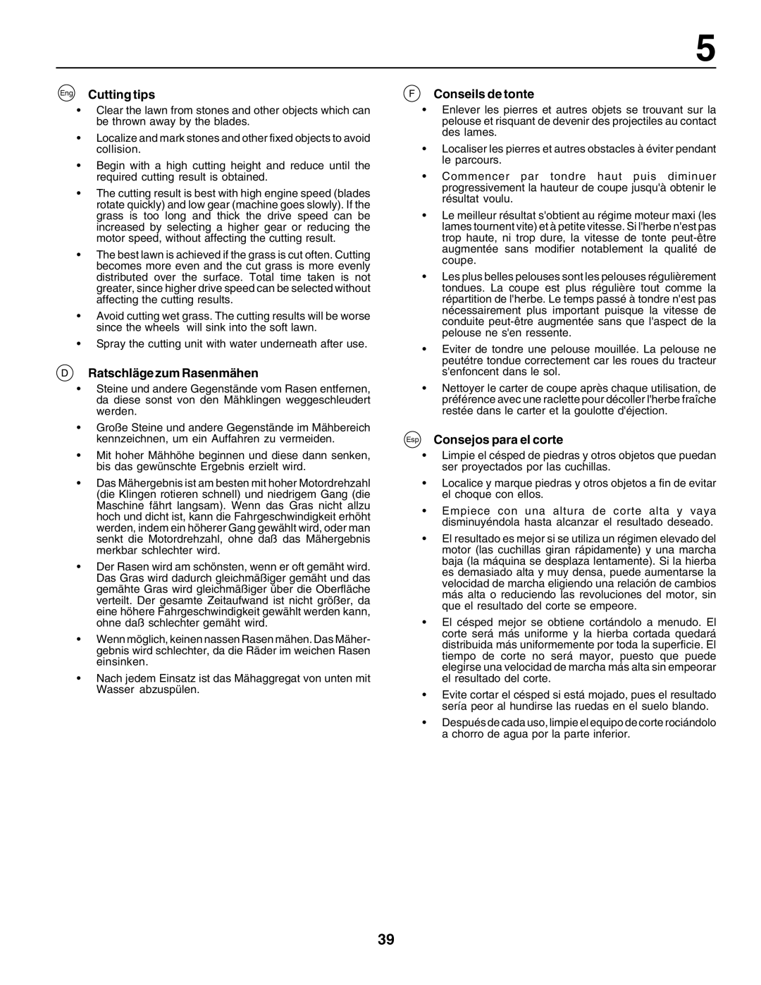 Husqvarna YT155 instruction manual Cutting tips, Ratschläge zum Rasenmähen, Conseils de tonte, Esp Consejos para el corte 