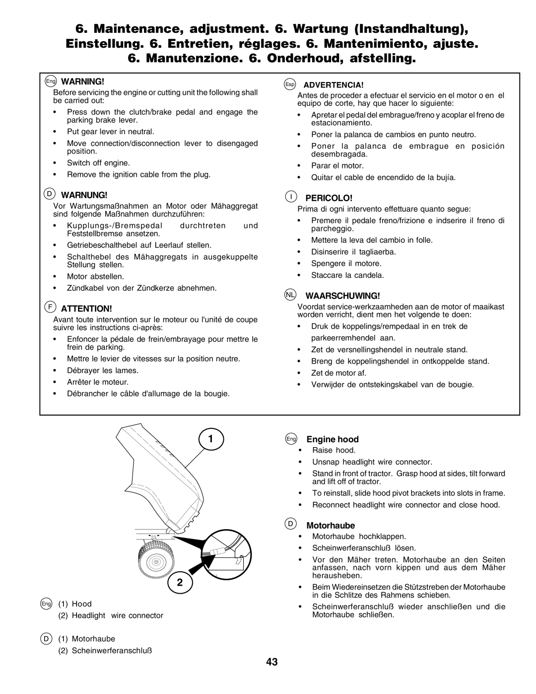 Husqvarna YT155 instruction manual Eng Engine hood, Motorhaube, Esp Advertencia 