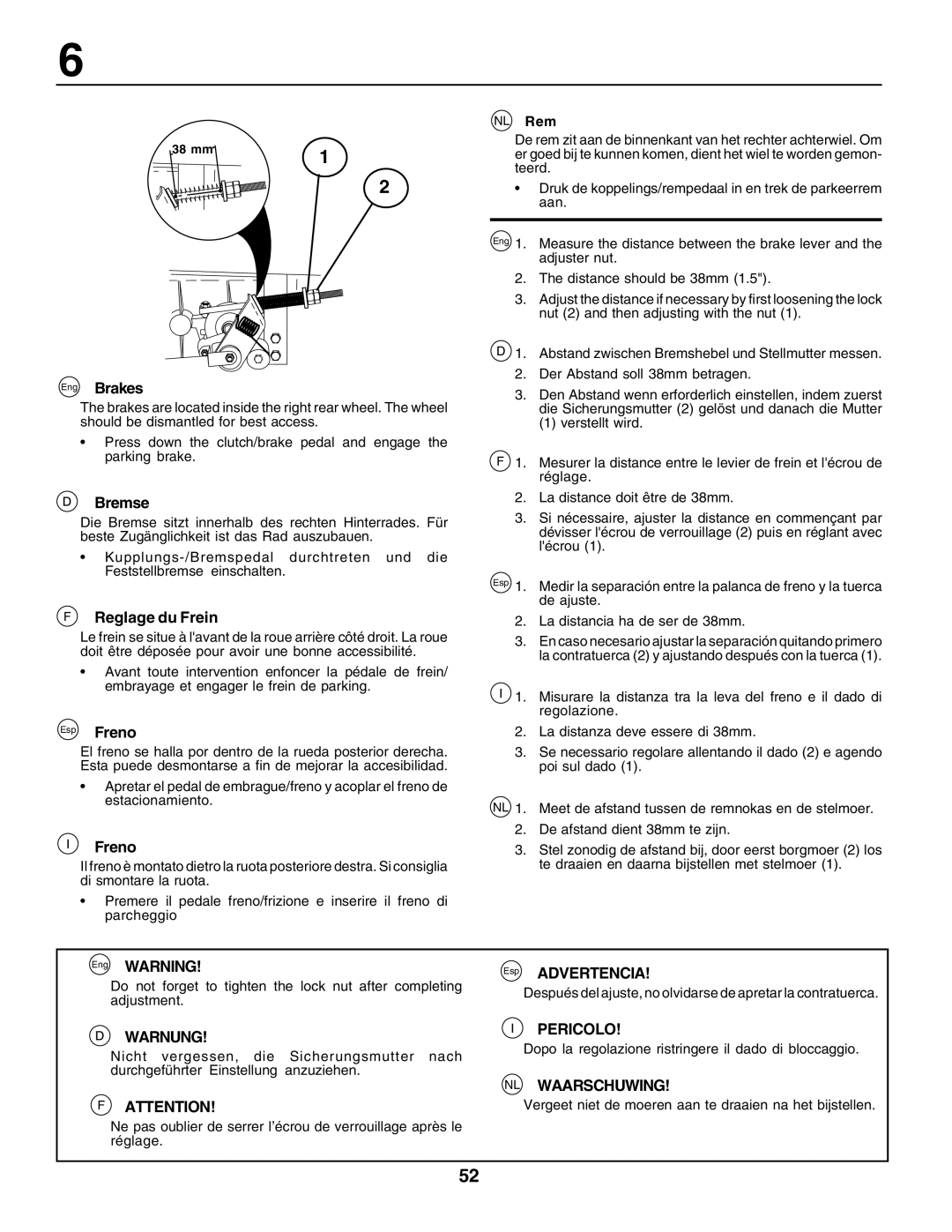 Husqvarna YT155 instruction manual Eng Brakes, Bremse, Reglage du Frein, Esp Freno 