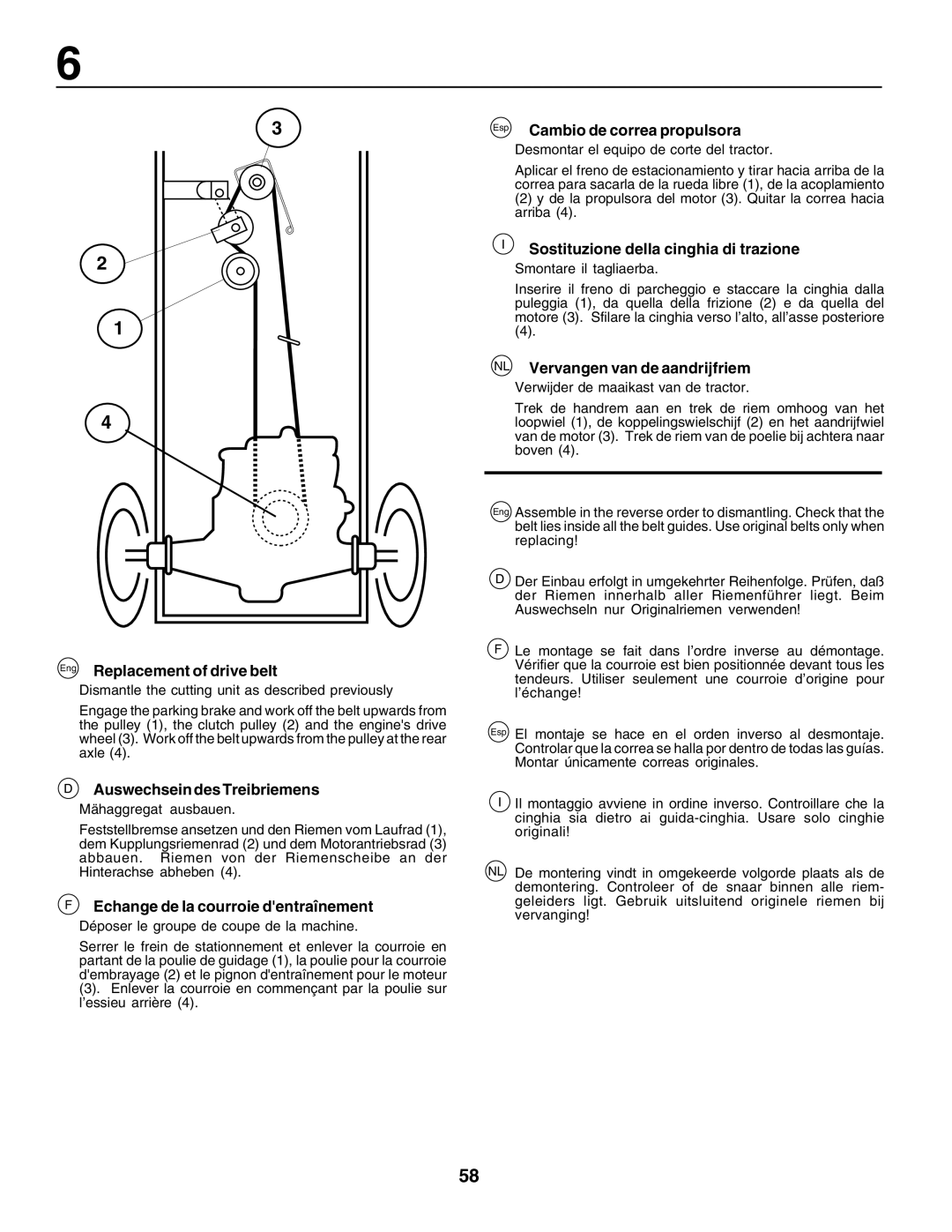 Husqvarna YT155 Eng Replacement of drive belt, Auswechsein des Treibriemens, Echange de la courroie dentraînement 