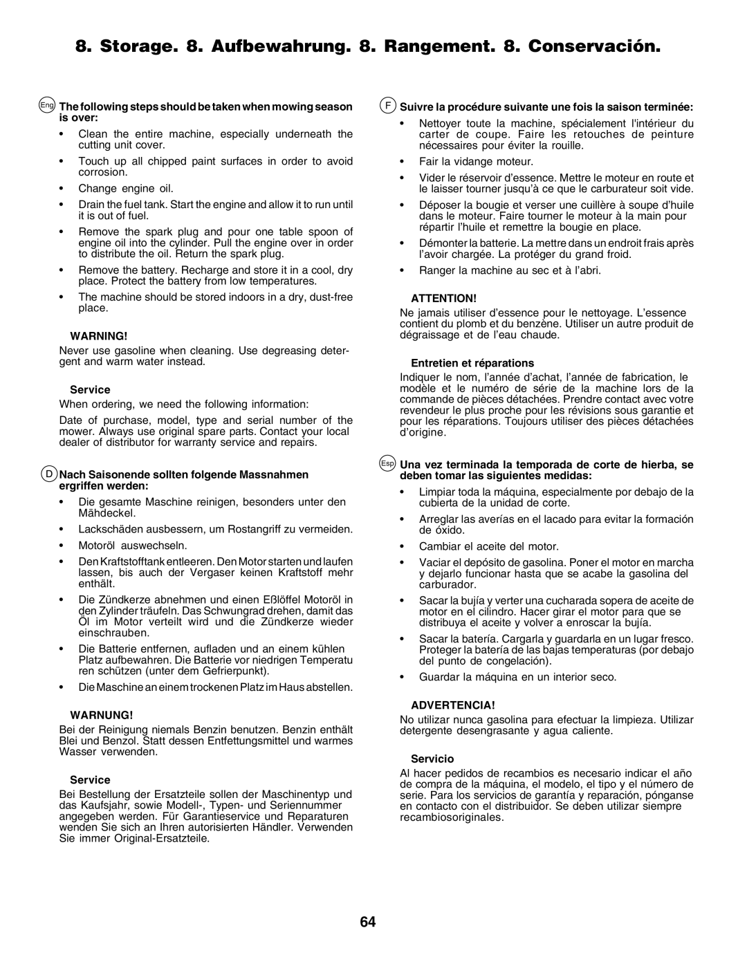 Husqvarna YT155 Storage . Aufbewahrung . Rangement . Conservación, Service, Entretien et réparations, Servicio 