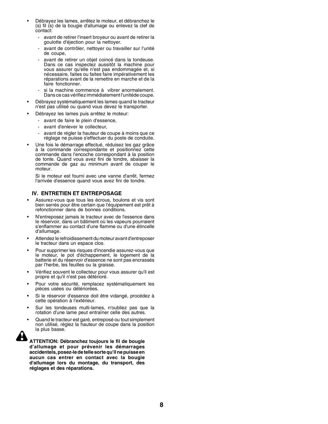 Husqvarna YT155 instruction manual IV. Entretien ET Entreposage 