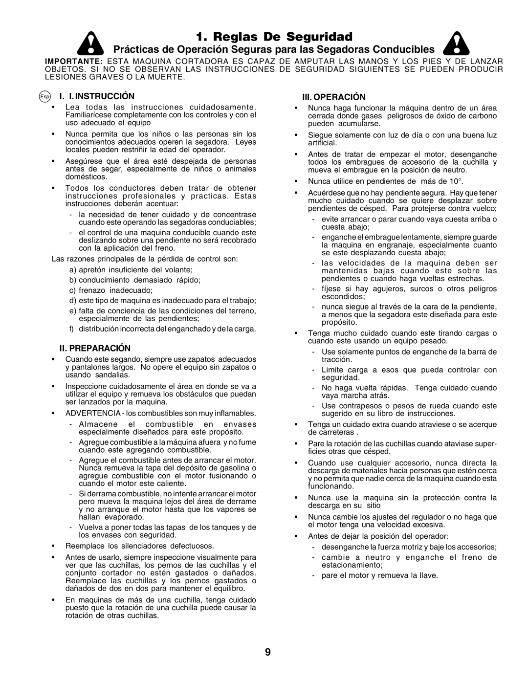 Husqvarna YT155 instruction manual Reglas De Seguridad, Esp I. I. Instrucción, II. Preparación, III. Operación 