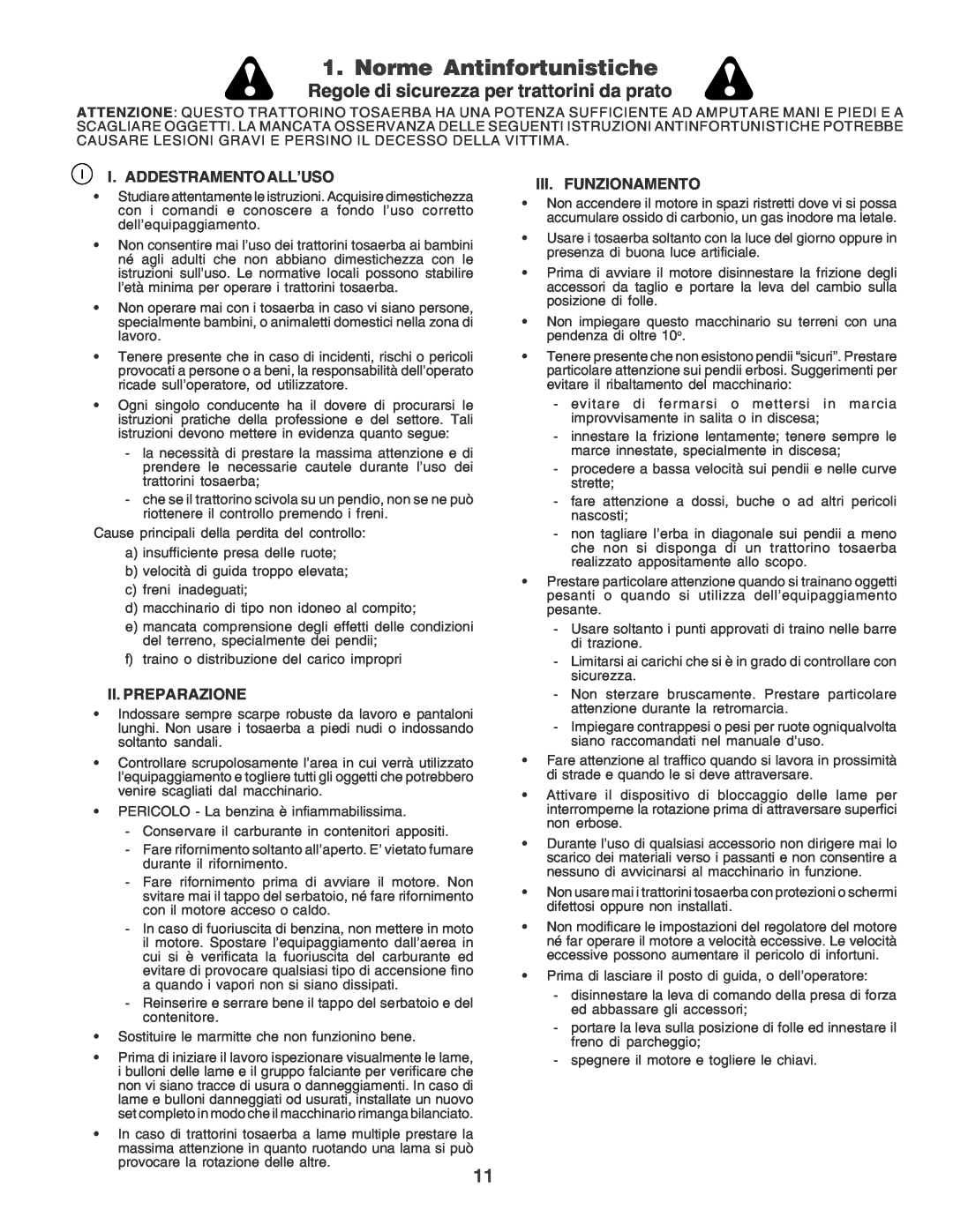 Husqvarna YT155 Norme Antinfortunistiche, Regole di sicurezza per trattorini da prato, I. Addestramento All’Uso 