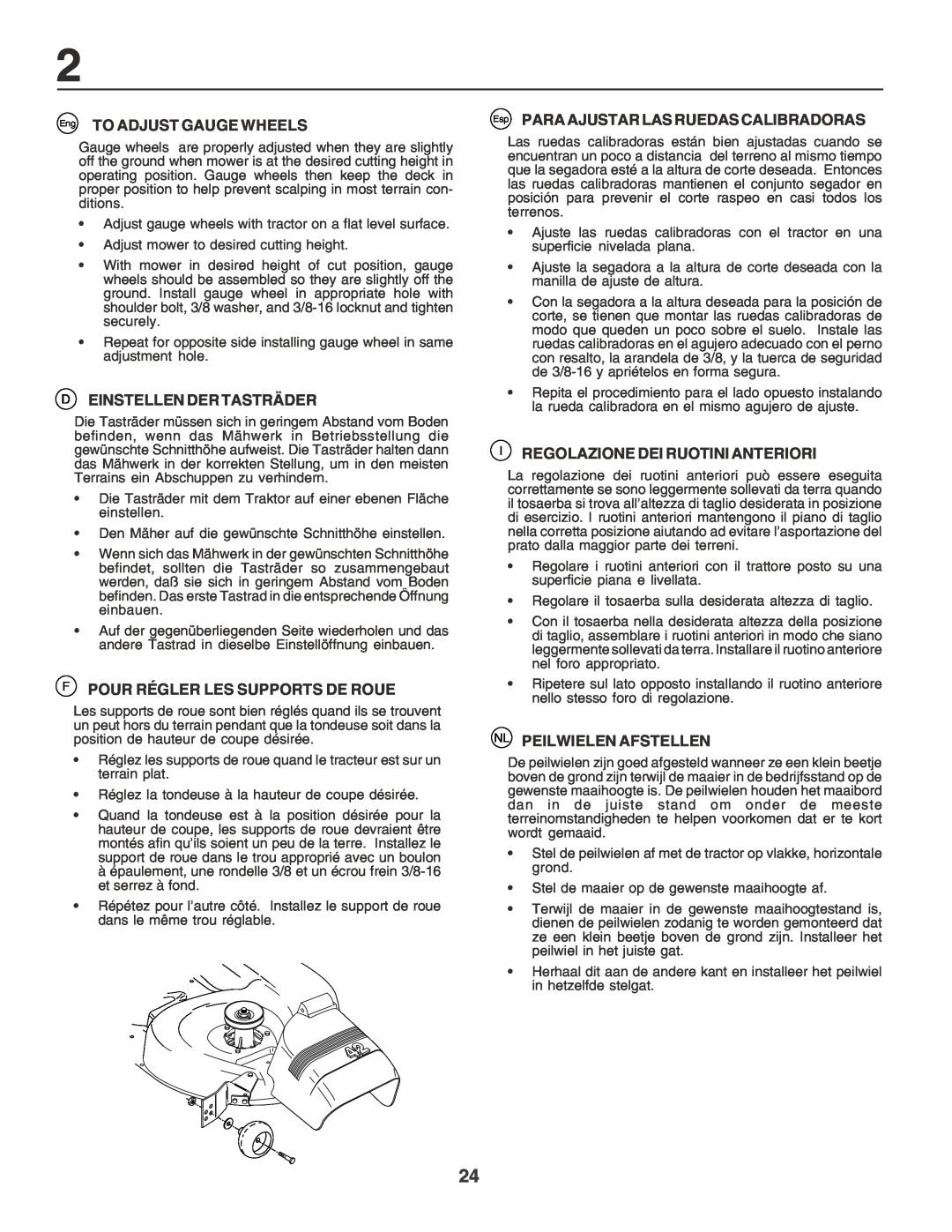 Husqvarna YT155 instruction manual Eng TO ADJUST GAUGE WHEELS, Einstellen Der Tasträder, F Pour Régler Les Supports De Roue 