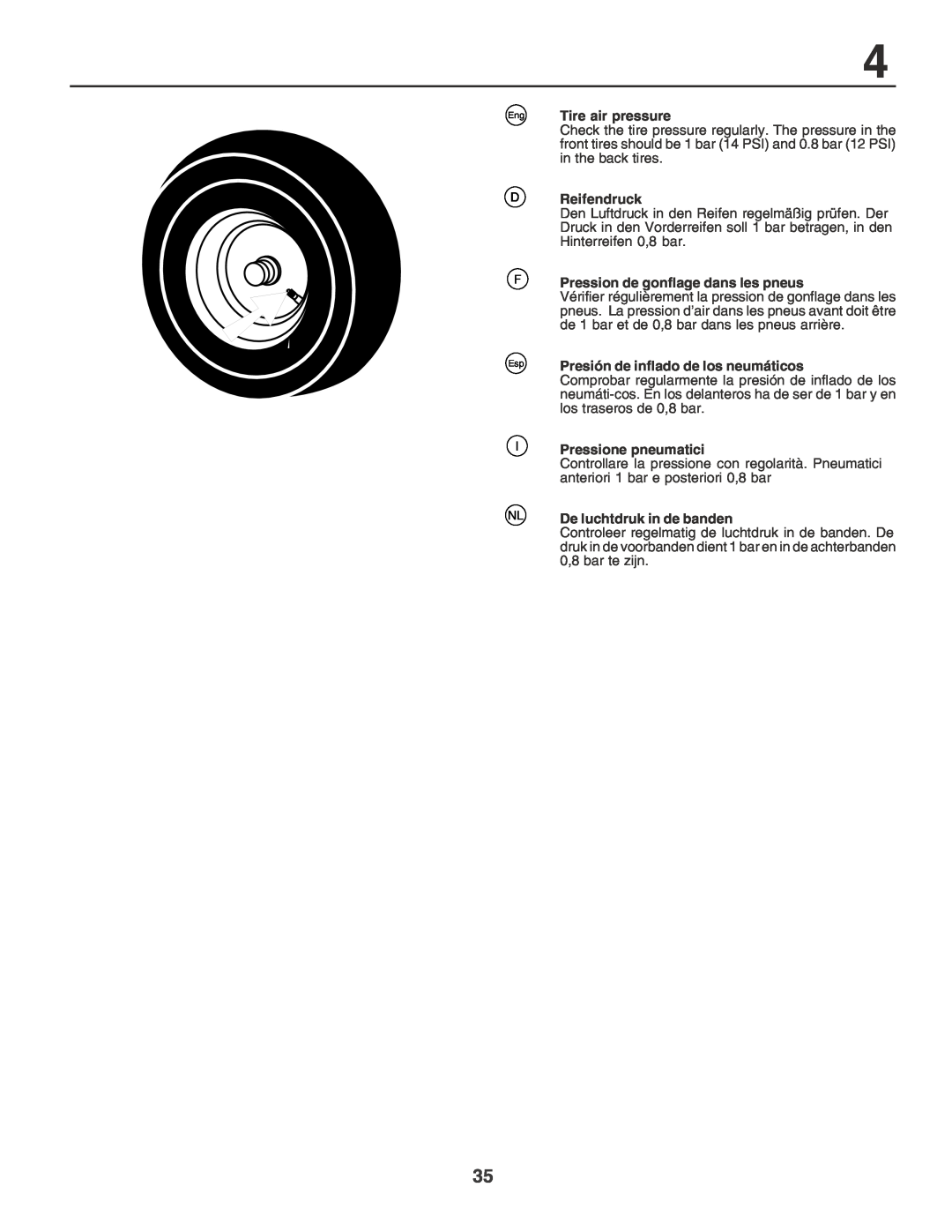 Husqvarna YT155 Tire air pressure, Reifendruck, Pression de gonflage dans les pneus, Presión de inflado de los neumáticos 