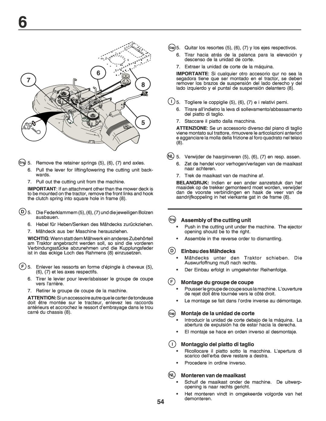 Husqvarna YT155 instruction manual Assembly of the cutting unit, Einbau des Mähdecks, F Montage du groupe de coupe 