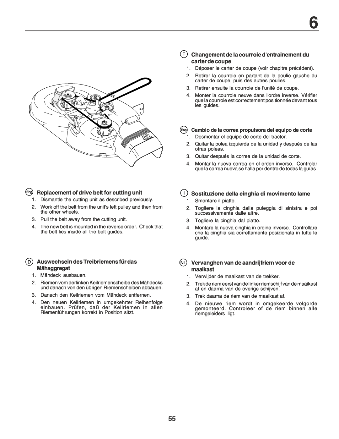 Husqvarna YT155 Eng Replacement of drive belt for cutting unit, Auswechsein des Treibriemens für das Mähaggregat 