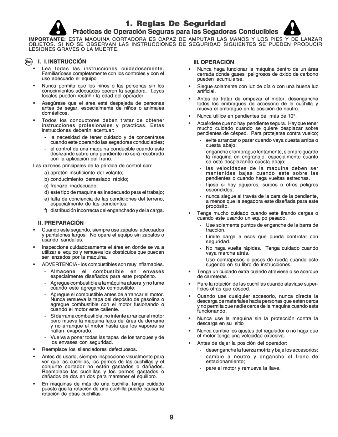Husqvarna YT155 Reglas De Seguridad, Prácticas de Operación Seguras para las Segadoras Conducibles, Esp I. I. INSTRUCCIÓN 