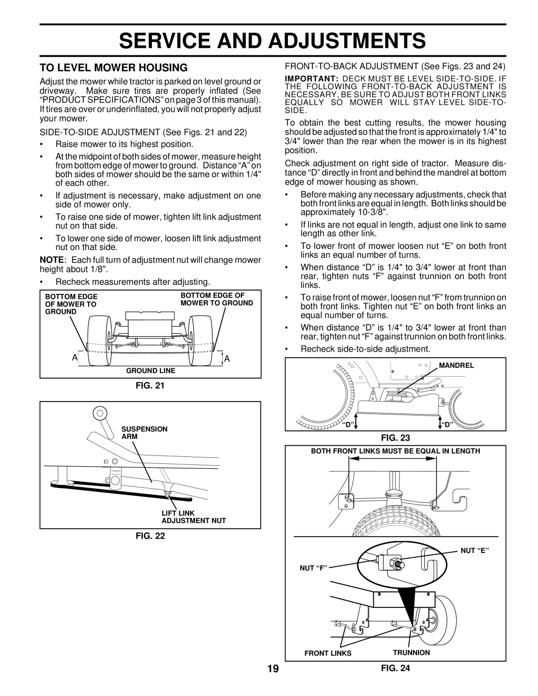 Husqvarna YT180 owner manual To Level Mower Housing, FRONT-TO-BACK Adjustment See Figs 