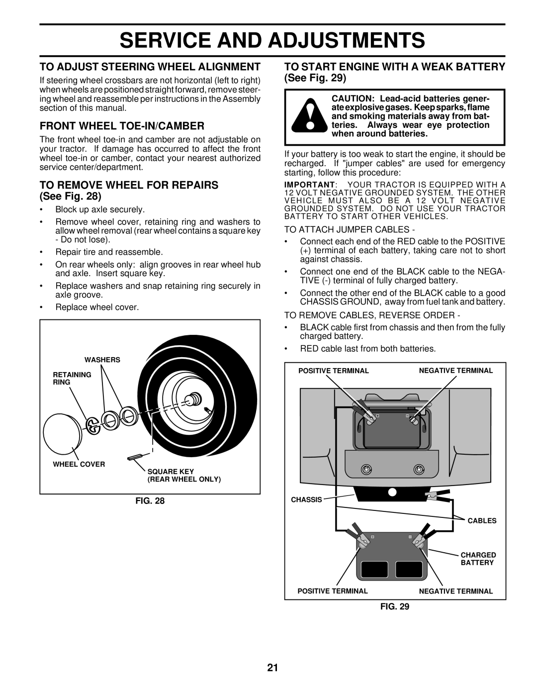 Husqvarna YT180 To Adjust Steering Wheel Alignment, Front Wheel TOE-IN/CAMBER, To Remove Wheel for Repairs See Fig 