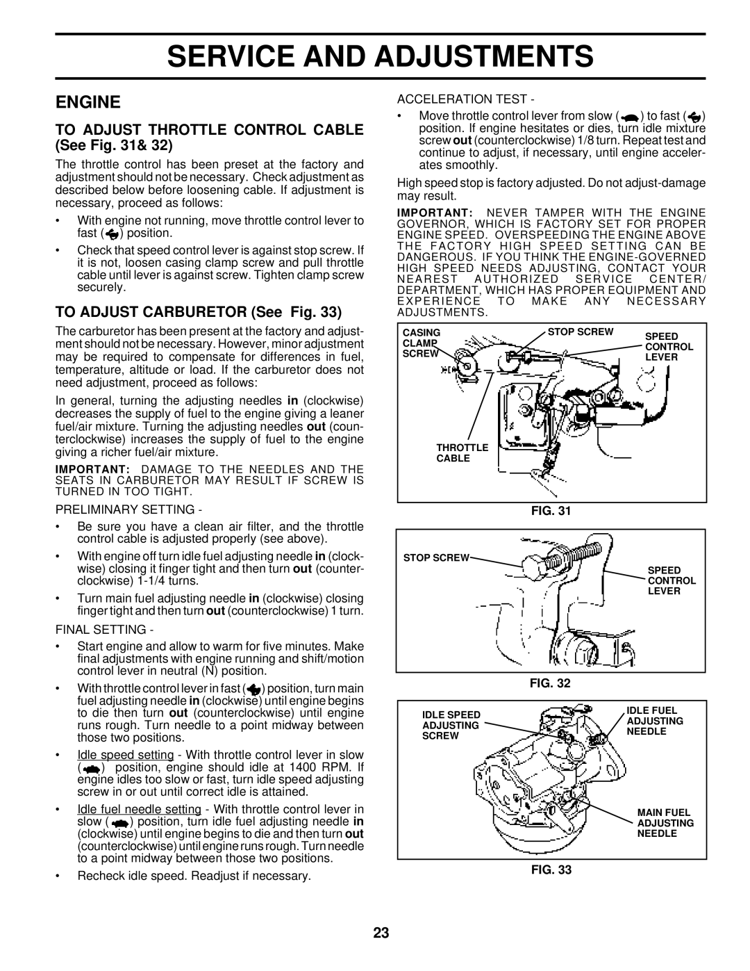 Husqvarna YT180 To Adjust Throttle Control Cable See, To Adjust Carburetor See Fig, Preliminary Setting, Final Setting 