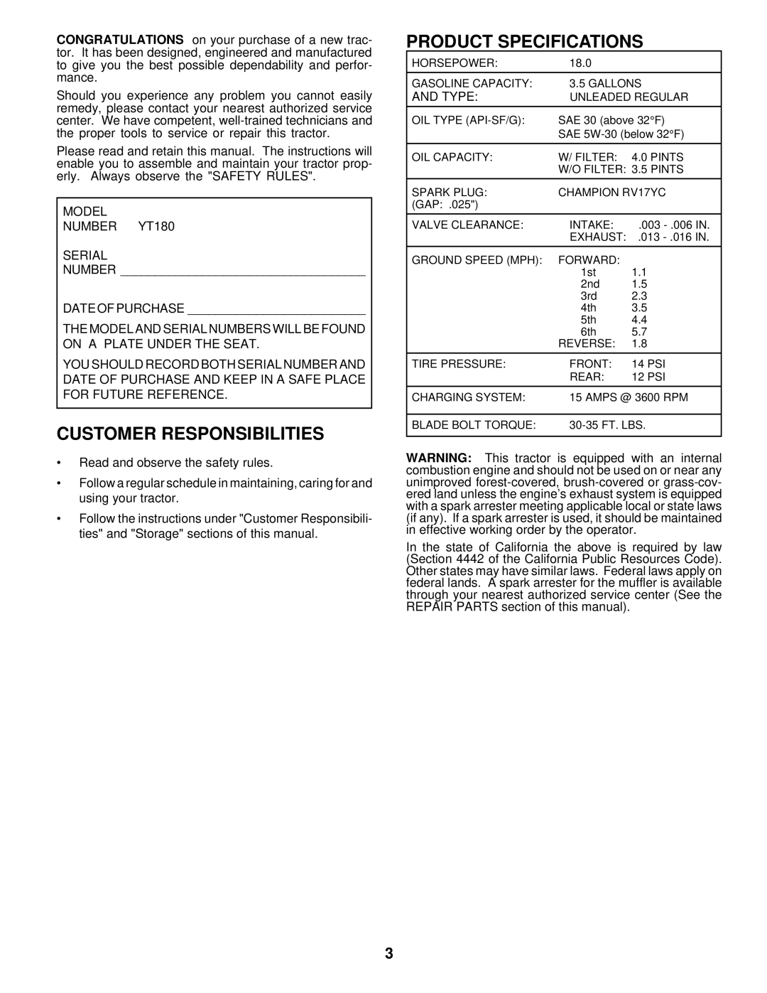 Husqvarna owner manual Customer Responsibilities, Product Specifications, Model Number YT180 Serial, Type 