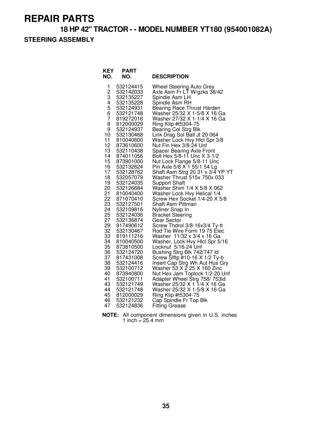 Husqvarna YT180 owner manual Repair Parts 