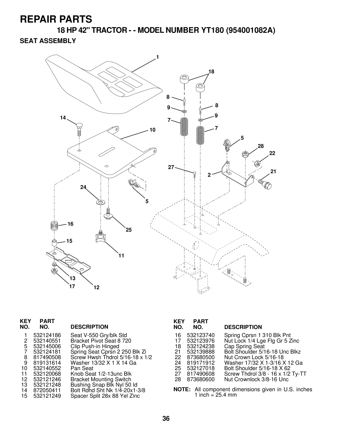 Husqvarna YT180 owner manual Seat Assembly, KEY Part Description 