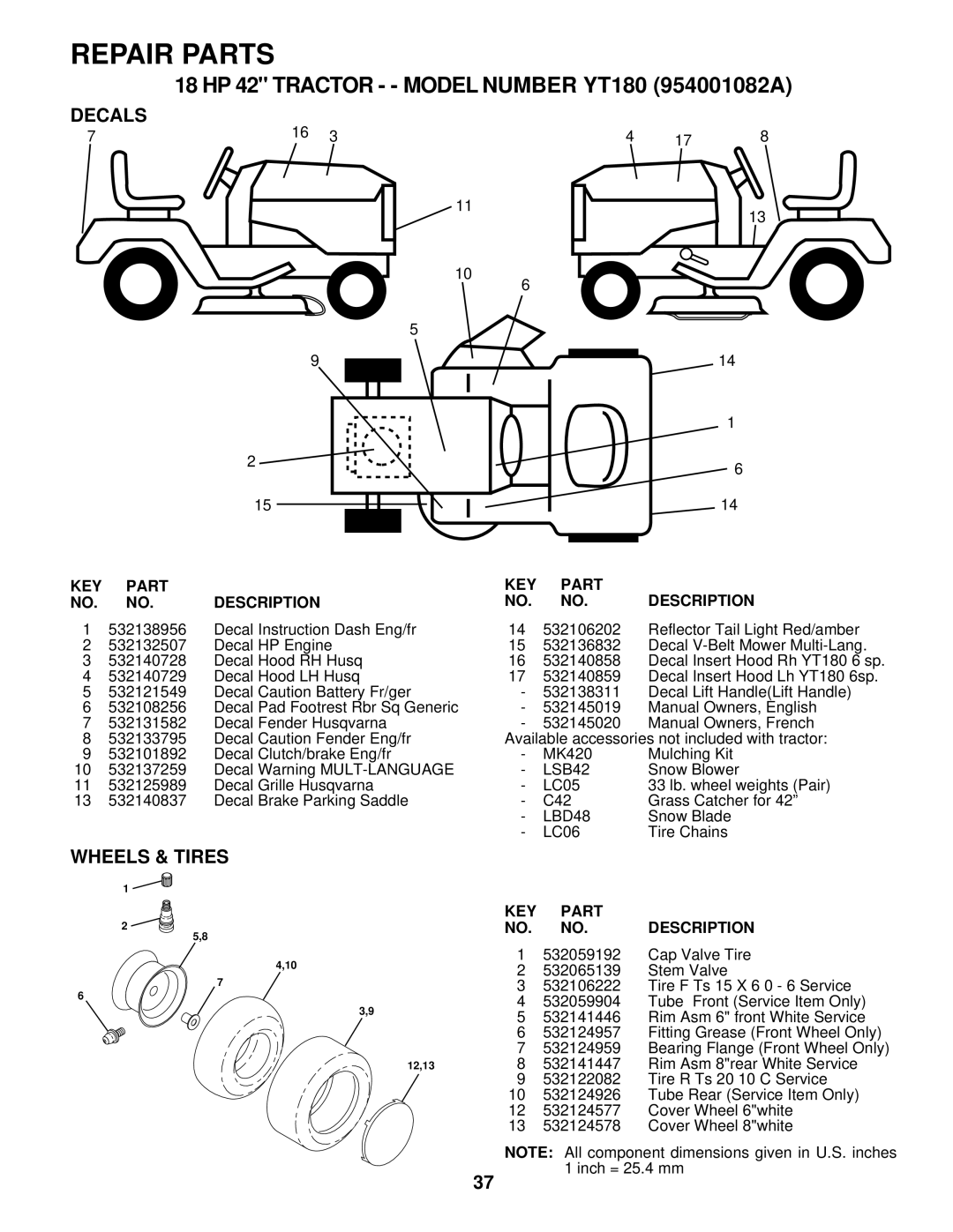 Husqvarna YT180 owner manual Decals, Wheels & Tires, LSB42, LBD48 