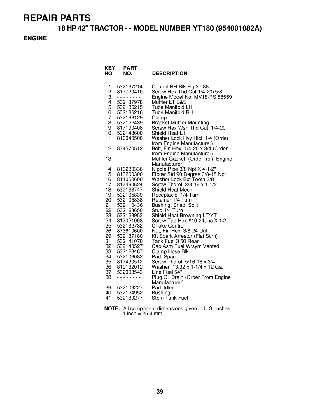 Husqvarna YT180 owner manual Repair Parts 