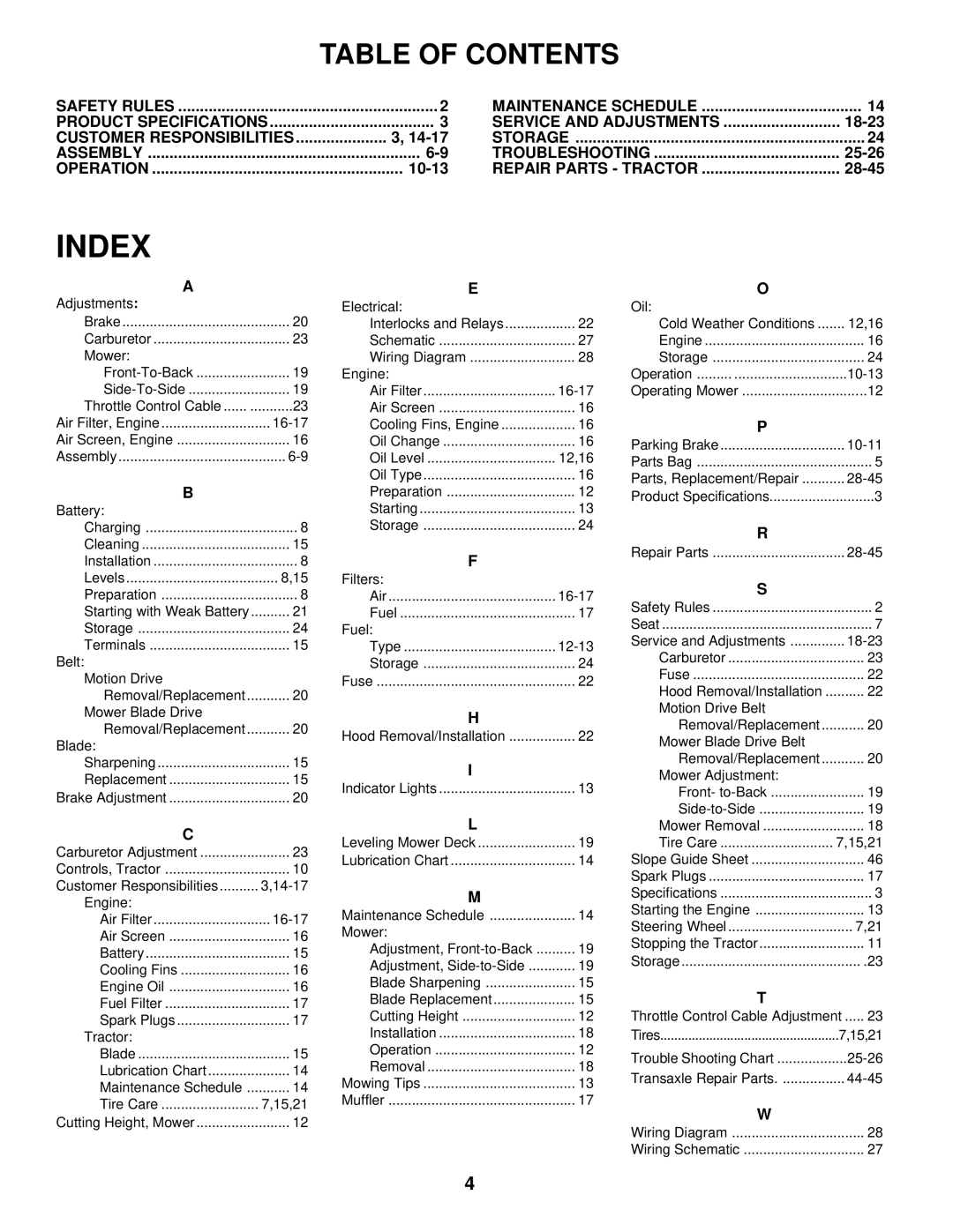 Husqvarna YT180 owner manual Index 