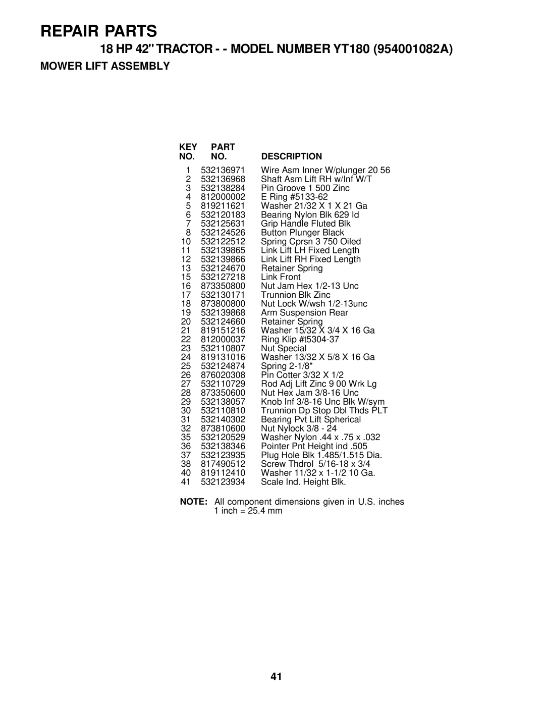 Husqvarna YT180 owner manual Repair Parts 