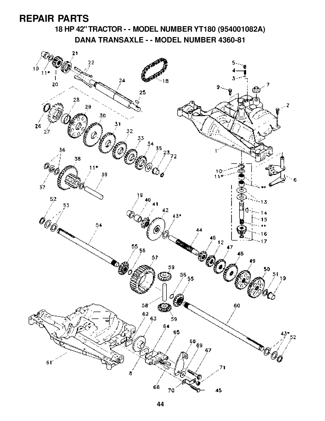 Husqvarna YT180 owner manual Dana Transaxle - Model Number 