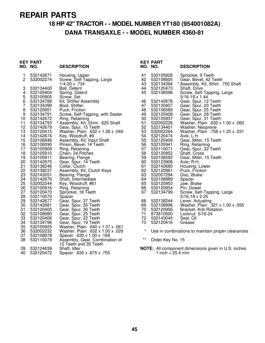 Husqvarna YT180 owner manual Repair Parts 