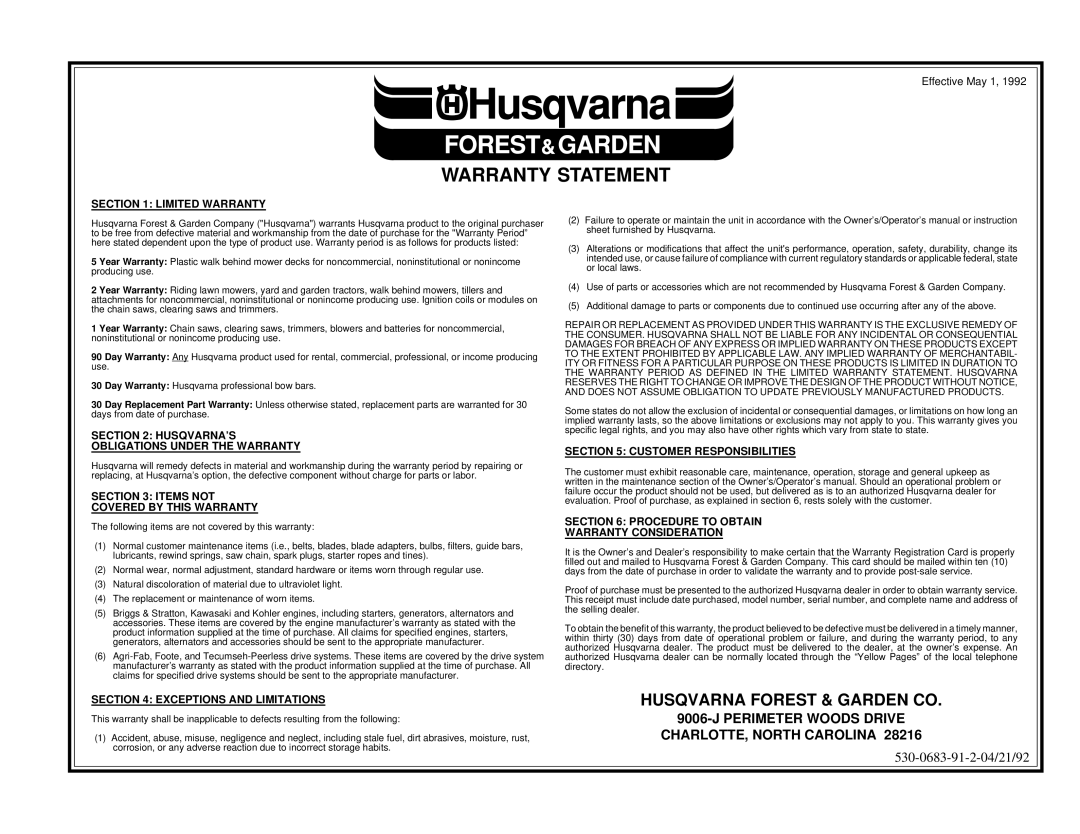 Husqvarna YT180 owner manual Warranty Statement, Husqvarna Forest & Garden CO 