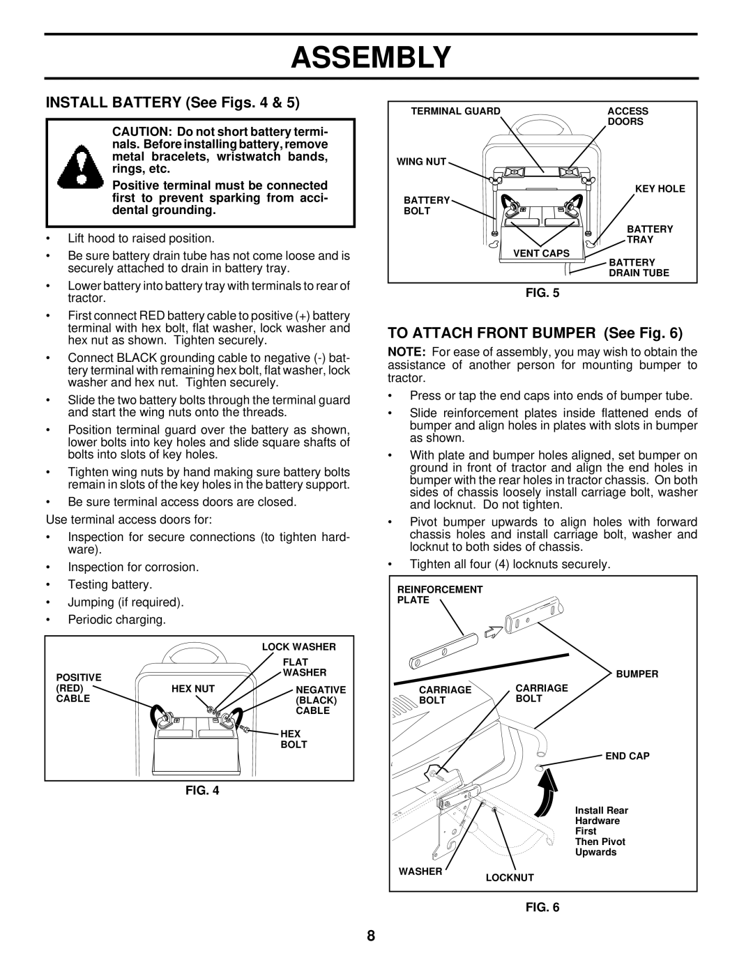 Husqvarna YT180 owner manual Install Battery See Figs, To Attach Front Bumper See Fig 