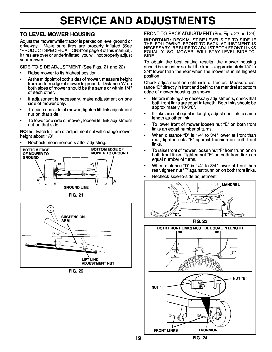 Husqvarna YT180 owner manual To Level Mower Housing, Service And Adjustments 
