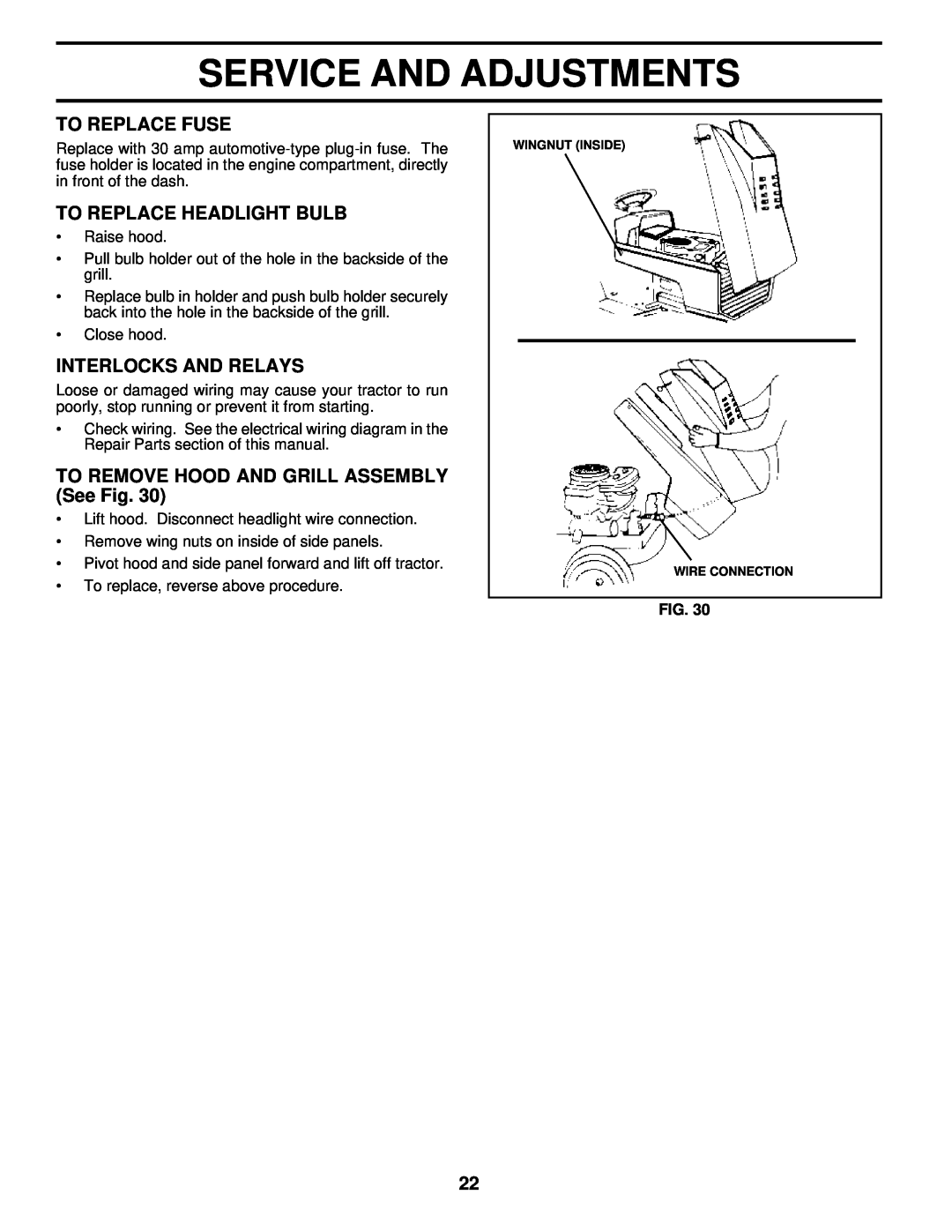 Husqvarna YT180 owner manual To Replace Fuse, To Replace Headlight Bulb, Interlocks And Relays, Service And Adjustments 
