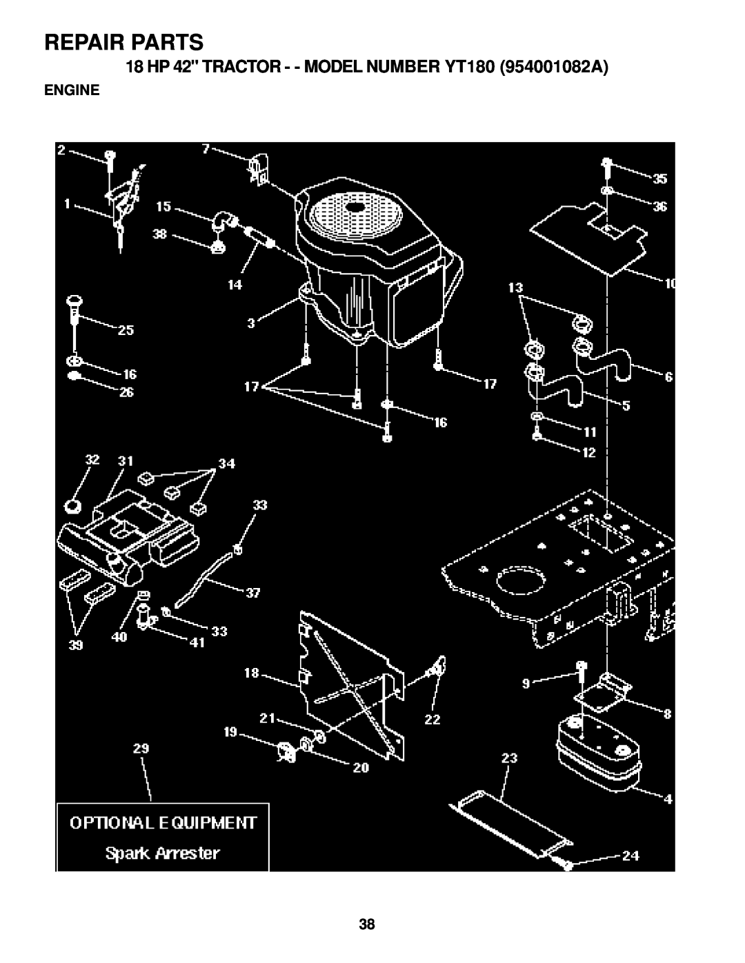 Husqvarna owner manual Engine, Repair Parts, 18 HP 42 TRACTOR - - MODEL NUMBER YT180 954001082A 